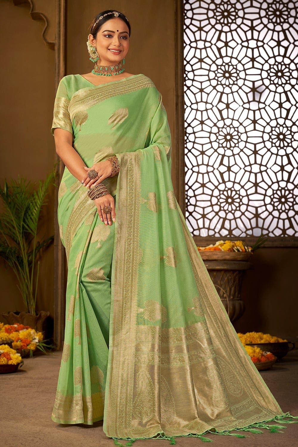 Buy Light Green Cotton Silk Saree ...